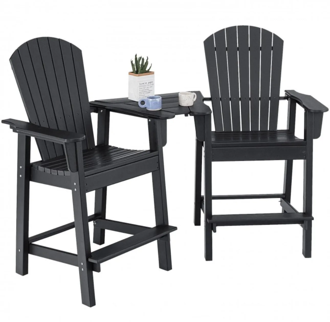 Heavy Duty Comfortable 2 Piece HDPE Tall Patio Adirondack Chair With Middle Connecting Tray | Umbrella Hole | Barstools | Easy Assembly | Waterproof