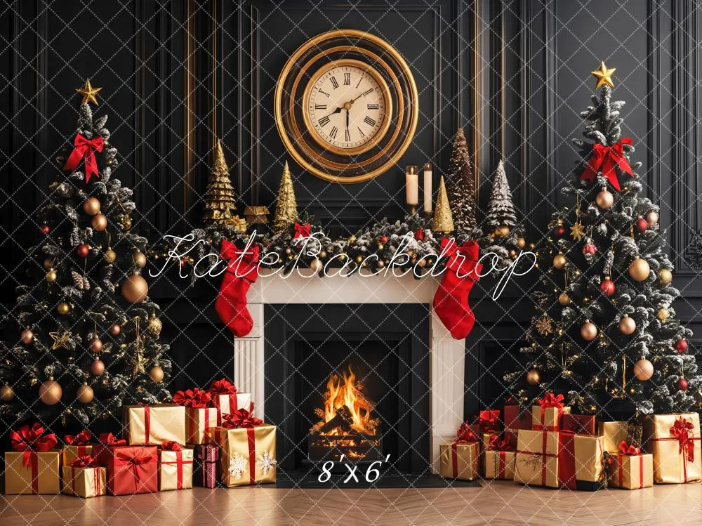 Kate Christmas Trees Fireplace Clock Retro Wall Fleece Backdrop Designed by Emetselch