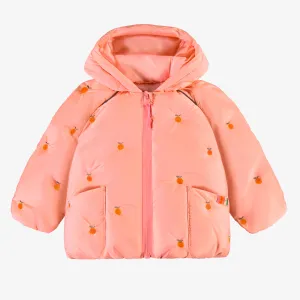 Manteau doudoune à capuchon rose avec broderies, bébé || Pink hooded puffer coat with embroidery, baby