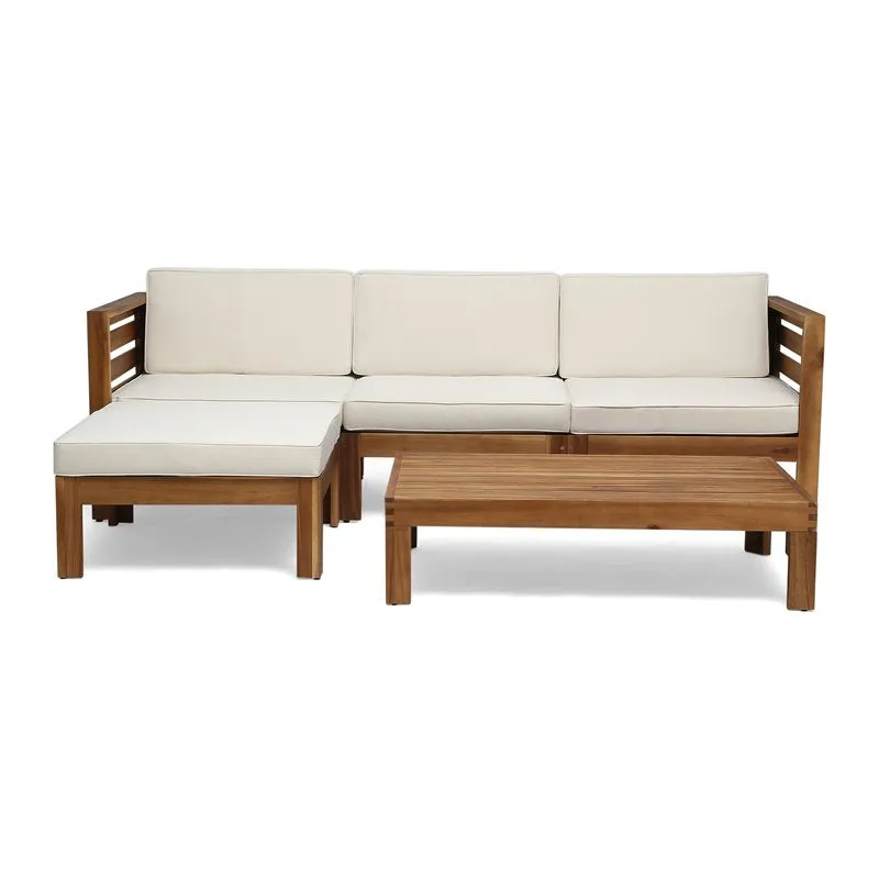 New Assembled Noble House Cambridge Outdoor 5-Pc Acacia Wood Sofa Set in Teak Finish with Beige Cushions! Note: Has 2 minor marks from transport on 1 back piece of wood shown in pics! Retails $1,358 w/tax!
